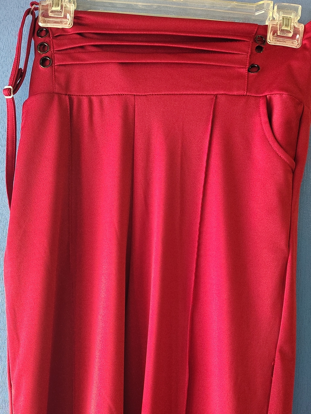 High-Waist Red Pants twith Decorative Button Trim